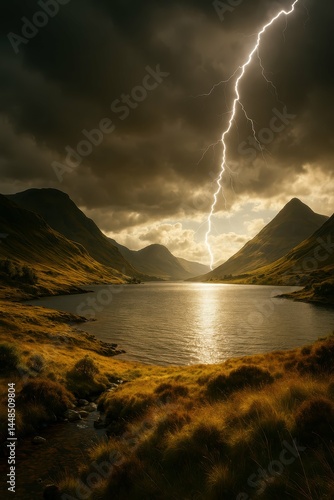 Obraz na płótnie Majestic Loch Under Lightning Storm at Dusk in Scotland w salonie
