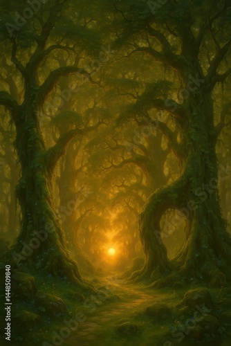 Obraz na płótnie Enchanted Sunrise in a Misty Grove of Ancient Trees w salonie