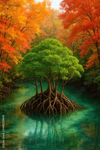 Tranquil Autumn Estuary Surrounded by Colorful Trees and Serenity