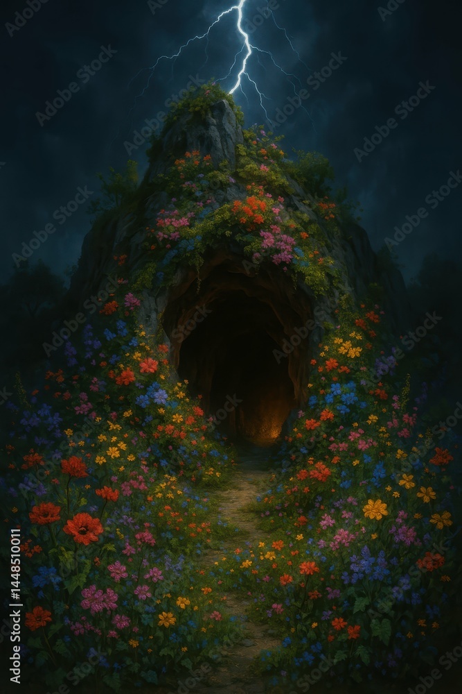 Stunning Lightning Over Colorful Cave Surrounded by Vibrant Flowers