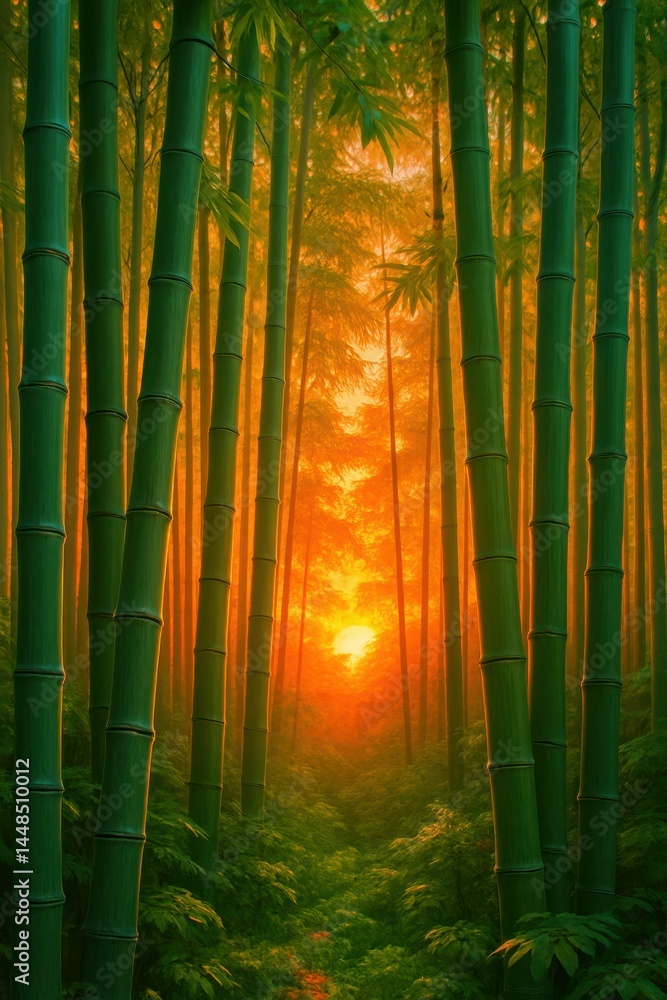 Serene Dawn in Bamboo Grove with Warm Light and Lush Greenery