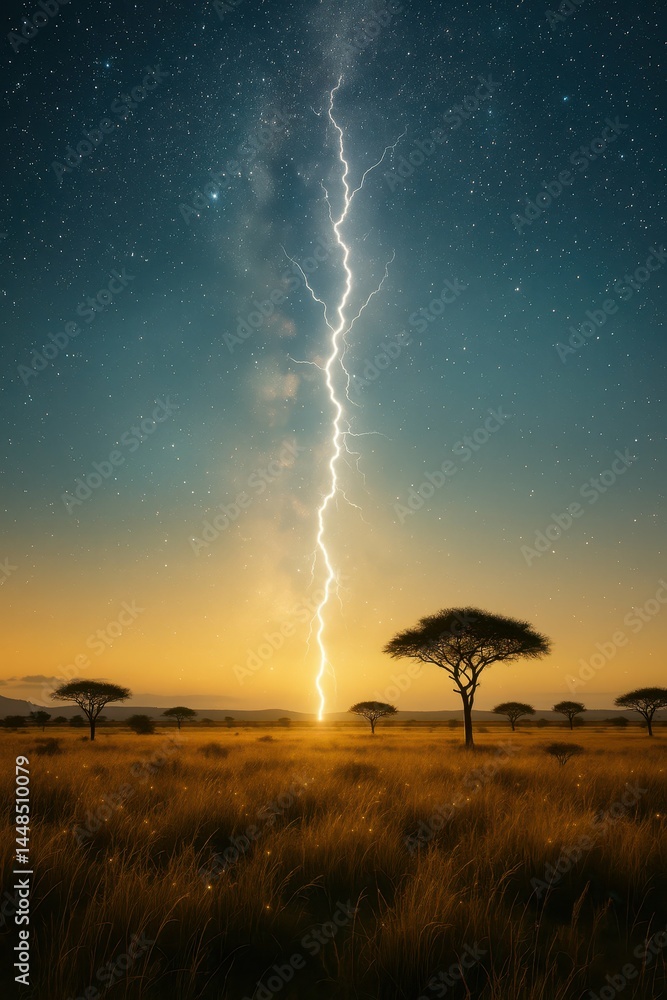 Majestic Lightning Strikes Over Savannah Landscape at Dusk