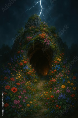 Obraz na płótnie Stunning Lightning Over Colorful Cave Surrounded by Vibrant Flowers w salonie