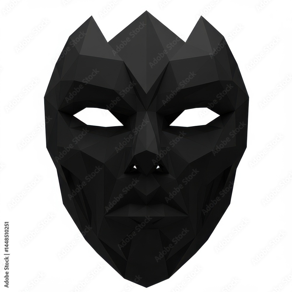 A geometric black mask with angular features and sharp crown points against a white background A geometric black mask with angular features and sharp crown points against a white background
