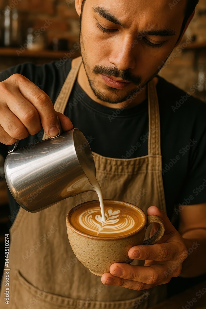 Skilled Barista Creating Simple Latte Art for Coffee Enthusiasts