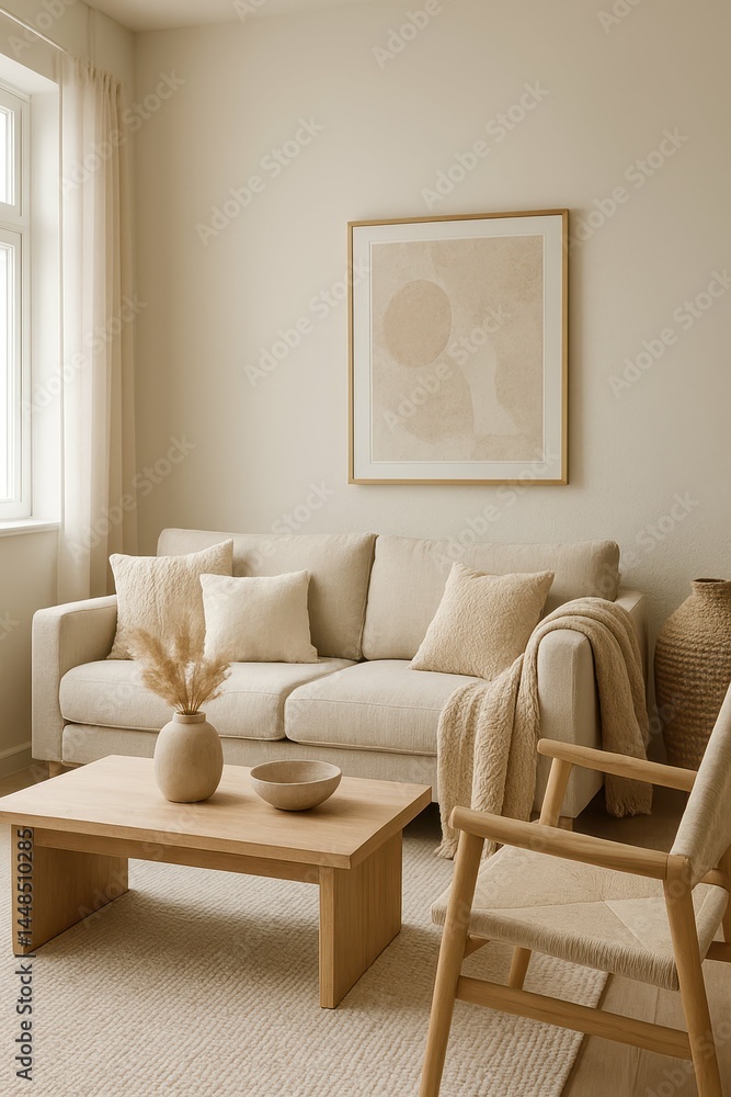 Cozy Scandinavian Living Room with Neutral Tones and Minimalist Decor