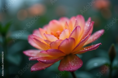 Elegant Orange and Pink Flower with Water Droplets in Soft Focus                                                                                      