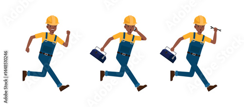 Construction worker running and working character vector illustration design set.