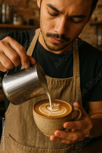 Obraz na płótnie Skilled Barista Creating Simple Latte Art for Coffee Enthusiasts w salonie
