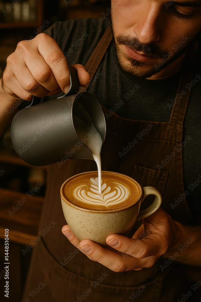 Skilled Barista Creating Beautiful Latte Art with Precision and Care