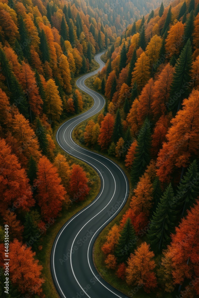 Serene Autumn Road Through Vibrant Mountain Forest Landscape