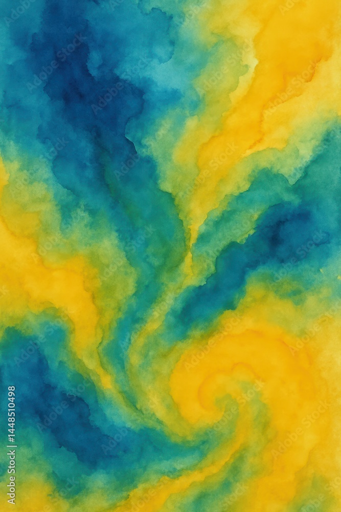 Vibrant Swirls of Blue and Yellow Watercolor Abstract Art