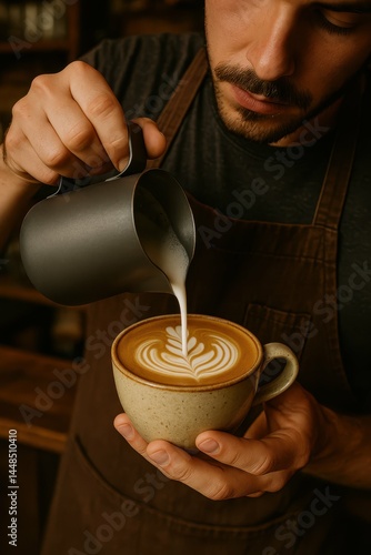 Obraz na płótnie Skilled Barista Creating Beautiful Latte Art with Precision and Care w salonie