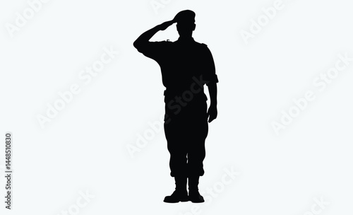 Soldier saluting silhouette, black and white, military salute figure, army man silhouette, soldier outline vector icon