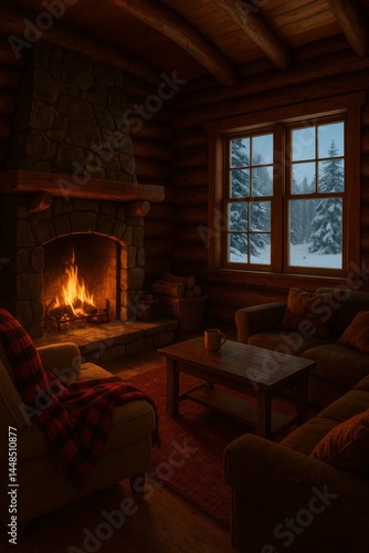 Cozy Cabin Retreat with Fireplace in Winter Wonderland Scene