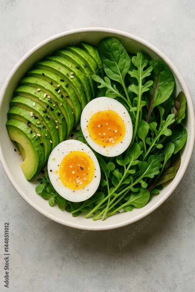 Healthy Breakfast Bowl with Avocado, Greens, and Soft-Boiled Eggs