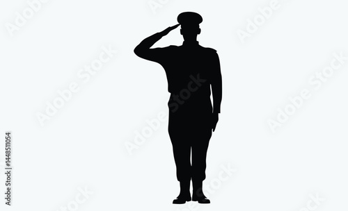 Soldier saluting silhouette, black and white, military salute figure, army man silhouette, soldier outline vector icon