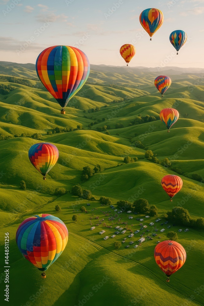 Colorful Hot Air Balloons Soaring Over Lush Green Hills During Festival