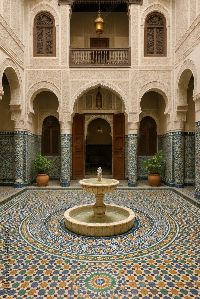 Elegant Moroccan Riad Courtyard with Mosaic Fountain and Tiles