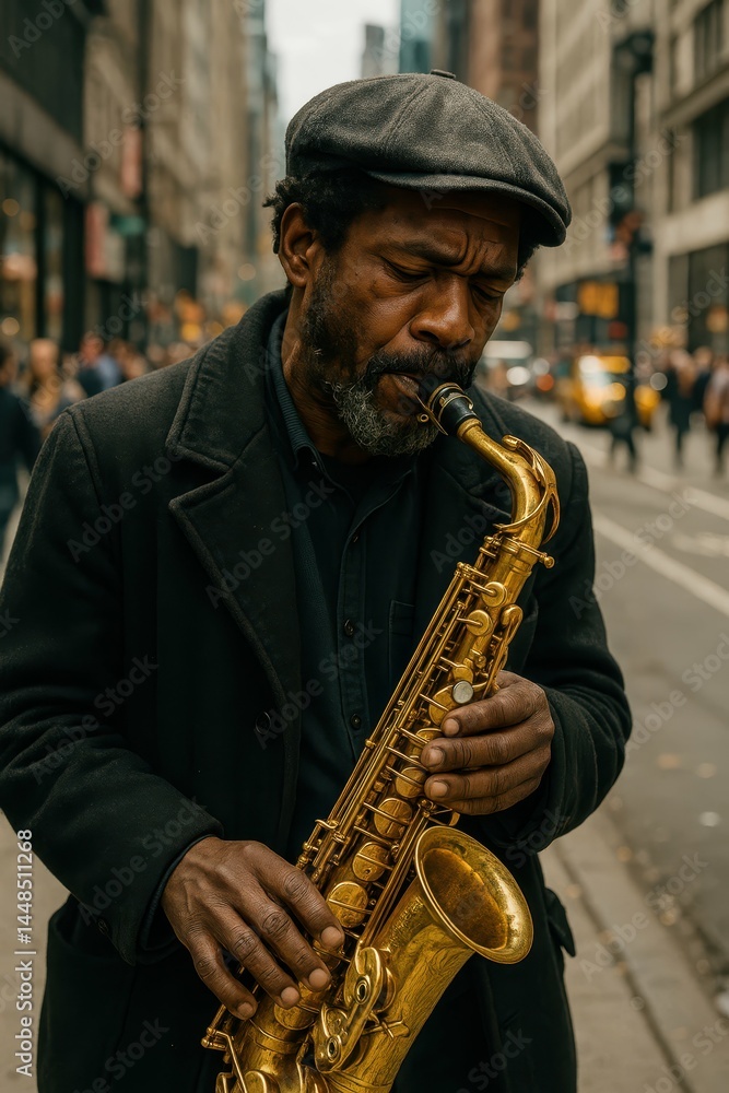 Urban Saxophonist Serenading City Streets with Simple Melody
