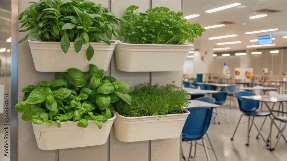 A closeup of wallmounted planters filled with herbs designed to be used in school meals integrating gardening and fresh ingredients into the dining experience.