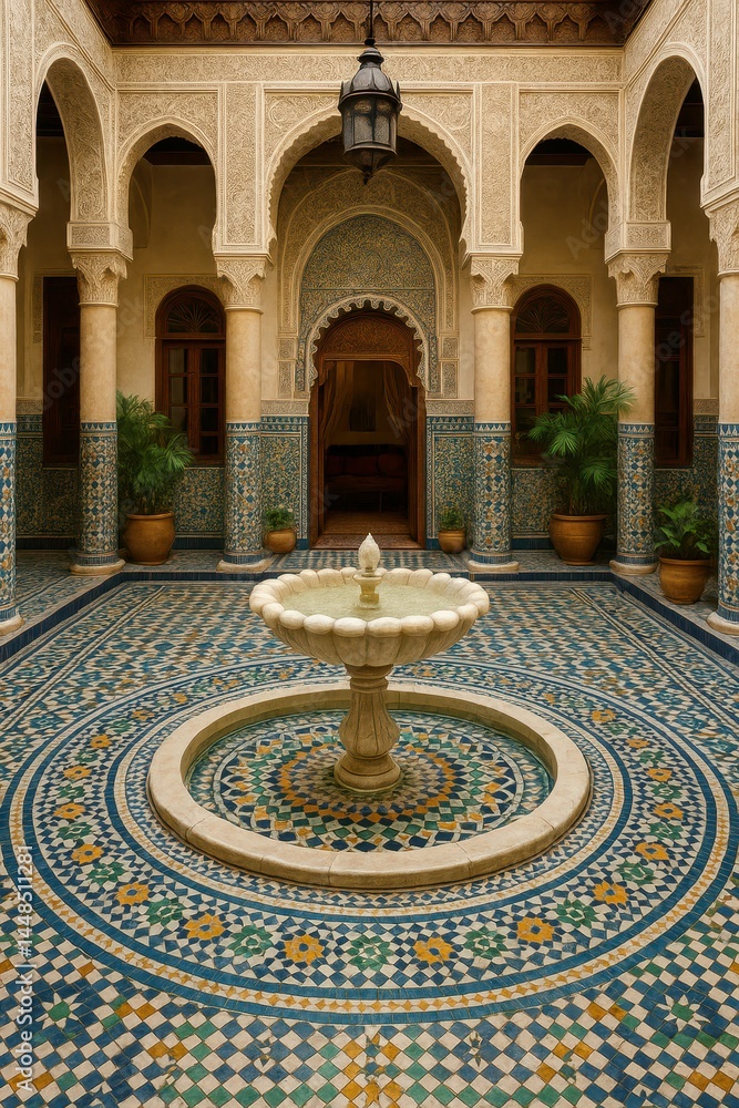 Elegant Moroccan Riad Courtyard with Intricate Tile Work and Fountain