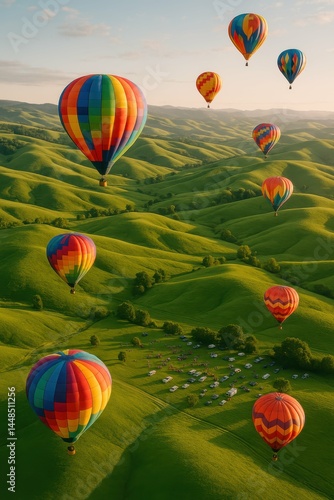 Colorful Hot Air Balloons Soaring Over Lush Green Hills During Festival