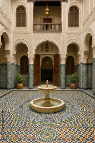 Obraz na płótnie Elegant Moroccan Riad Courtyard with Mosaic Fountain and Tiles w salonie