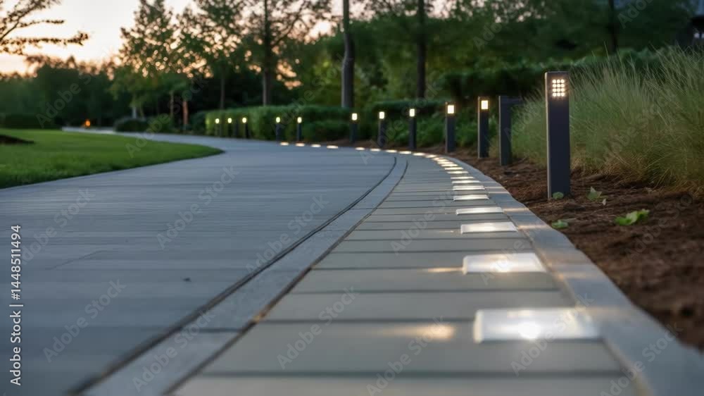 A closeup on the surface of a newly paved path where translucent illuminated signs are embedded illuminating the way with a soft glow. A closeup on the surface of a newly paved path where translucent illuminated signs are embedded illuminating the way with a soft glow.