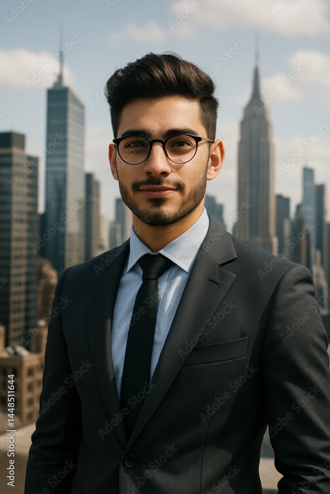 Young Entrepreneur in Portrait Against a City Skyline Background