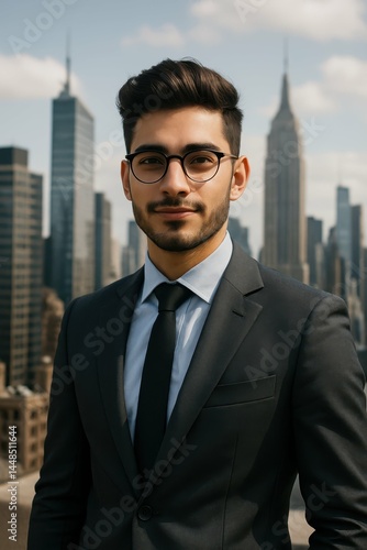 Obraz na płótnie Young Entrepreneur in Portrait Against a City Skyline Background w salonie