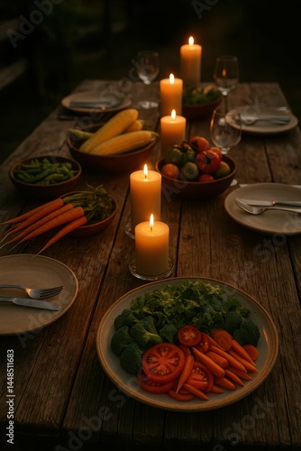 Obraz na płótnie Simple and Elegant Farm to Table Dinner Setting at Dusk w salonie