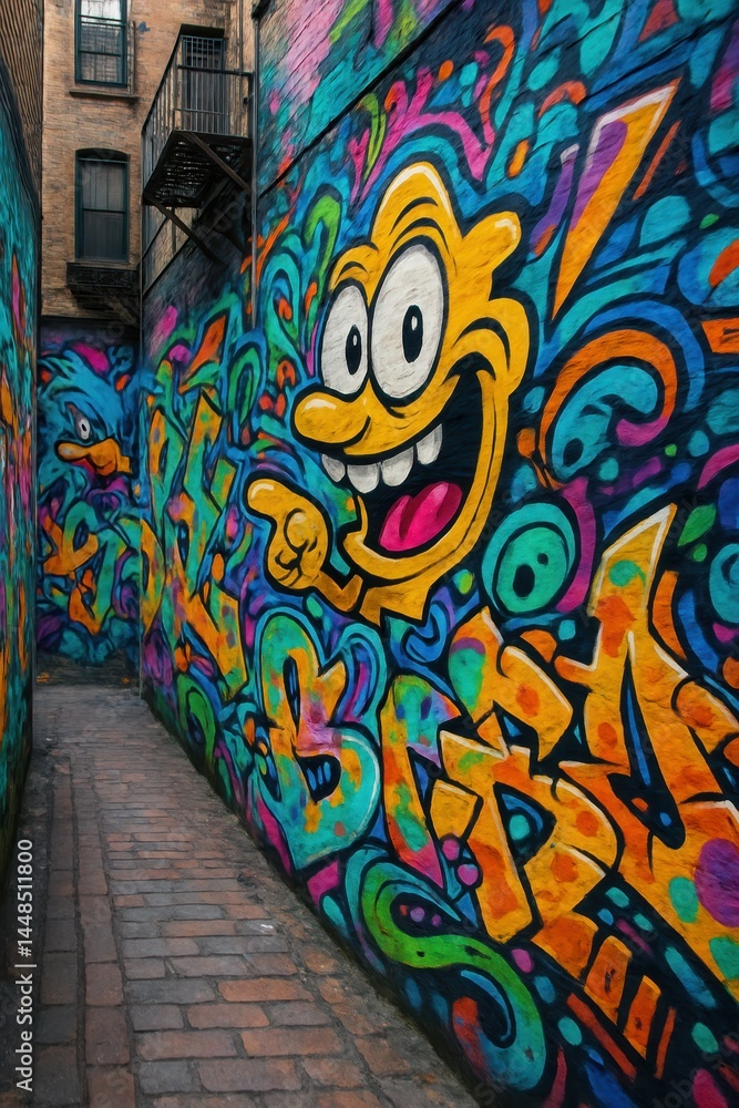 Colorful Graffiti Art in Urban Alleyway with Playful Character