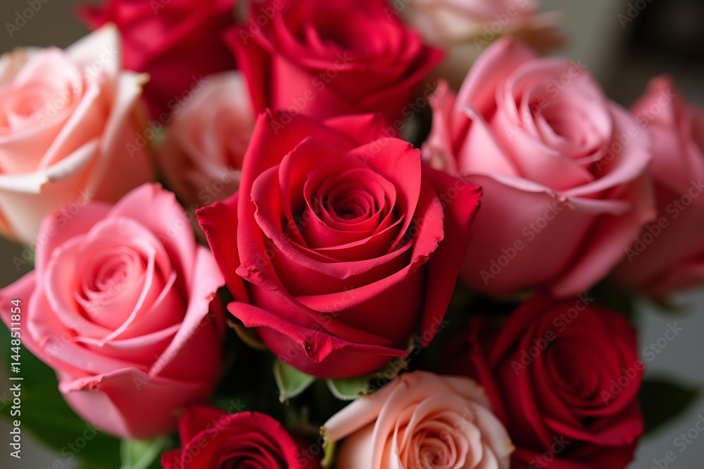 Close-up of a Bouquet with a Variety of Red, Pink, and Peach Roses in Full Bloom, Suitable for Backgrounds, Celebrations, and Floral Designs. Close-up of a Bouquet with a Variety of Red, Pink, and Peach Roses in Full Bloom, Suitable for Backgrounds, Celebrations, and Floral Designs.