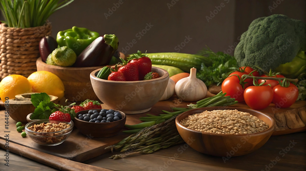 Rustic still life of fresh vegetables, fruits, and grains for organic food ads, farm-to-table visuals, healthy lifestyle content, vegan recipes, and nutrition blogs Rustic still life of fresh vegetables, fruits, and grains for organic food ads, farm-to-table visuals, healthy lifestyle content, vegan recipes, and nutrition blogs