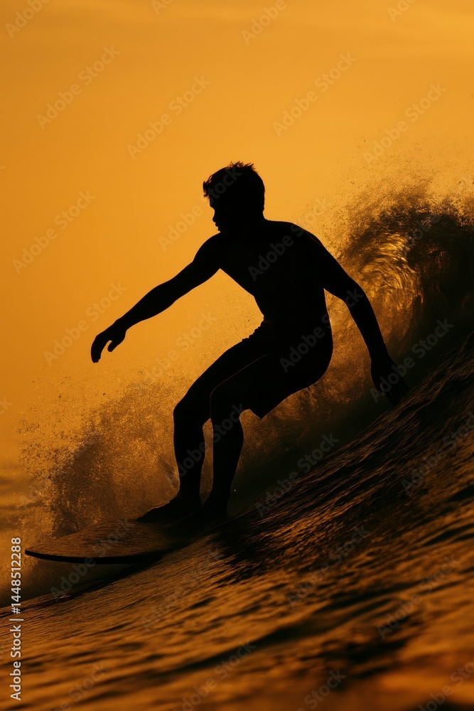 Silhouette of Surfer Riding Wave at Golden Hour against Sunset Sky