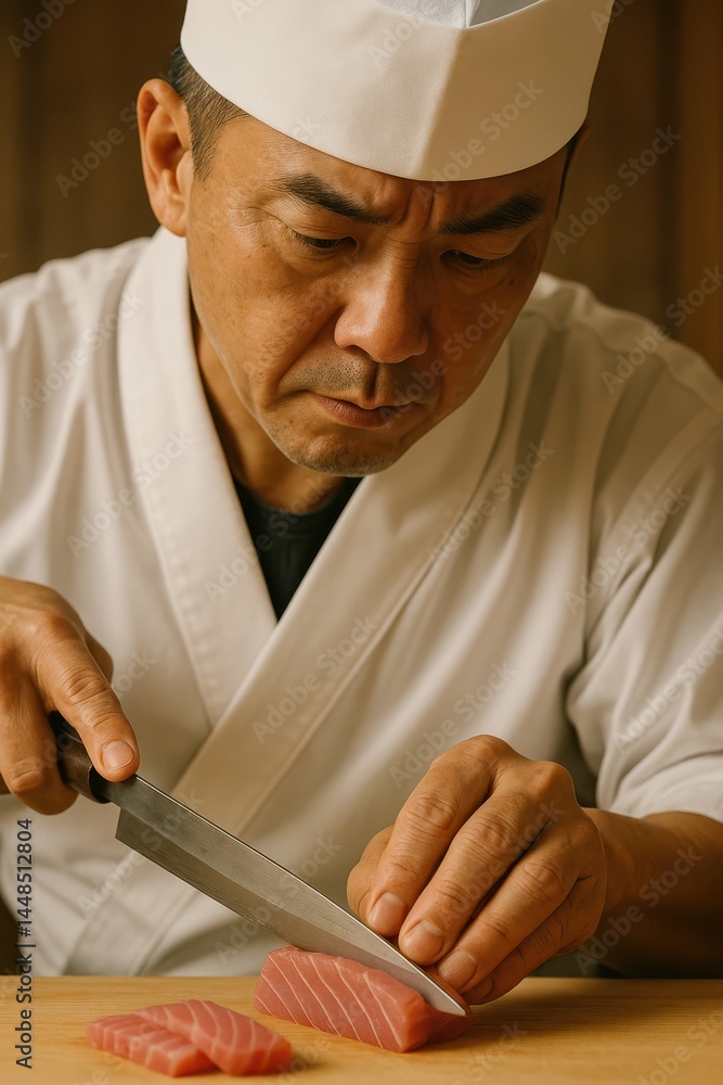 Skilled Sushi Chef Practicing Precision Cutting Techniques