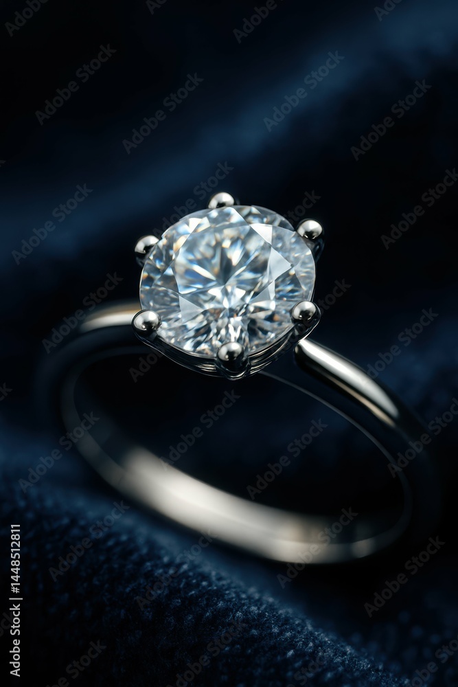 Elegant Sparkling Diamond Ring on Deep Blue Velvet Background