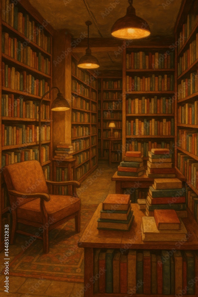 Cozy Atmosphere in a Bookstore with Warm Lighting and Shelves
