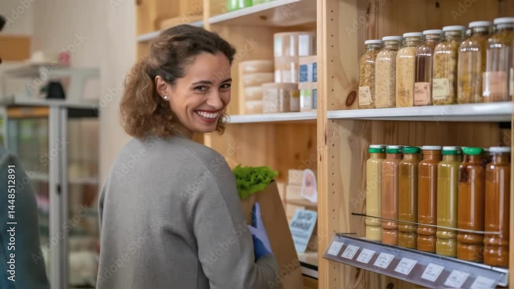 A medium closeup capturing a smiling volunteer handing a bag of groceries to a client emphasizing the human connection and support within the renovated pantry environment. A medium closeup capturing a smiling volunteer handing a bag of groceries to a client emphasizing the human connection and support within the renovated pantry environment.