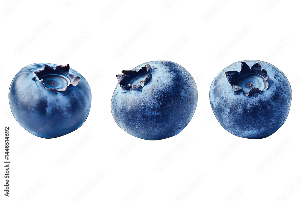 Obraz premium A close-up view of three fresh blueberries arranged in a row. showcasing their vibrant blue color and natural texture. against a clean background. ideal for food photography or healthy eating concepts