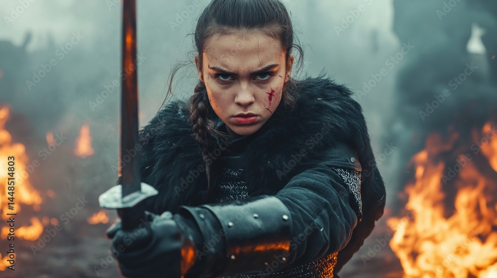Obraz premium Fierce Female Warrior Amidst a Burning Battlefield