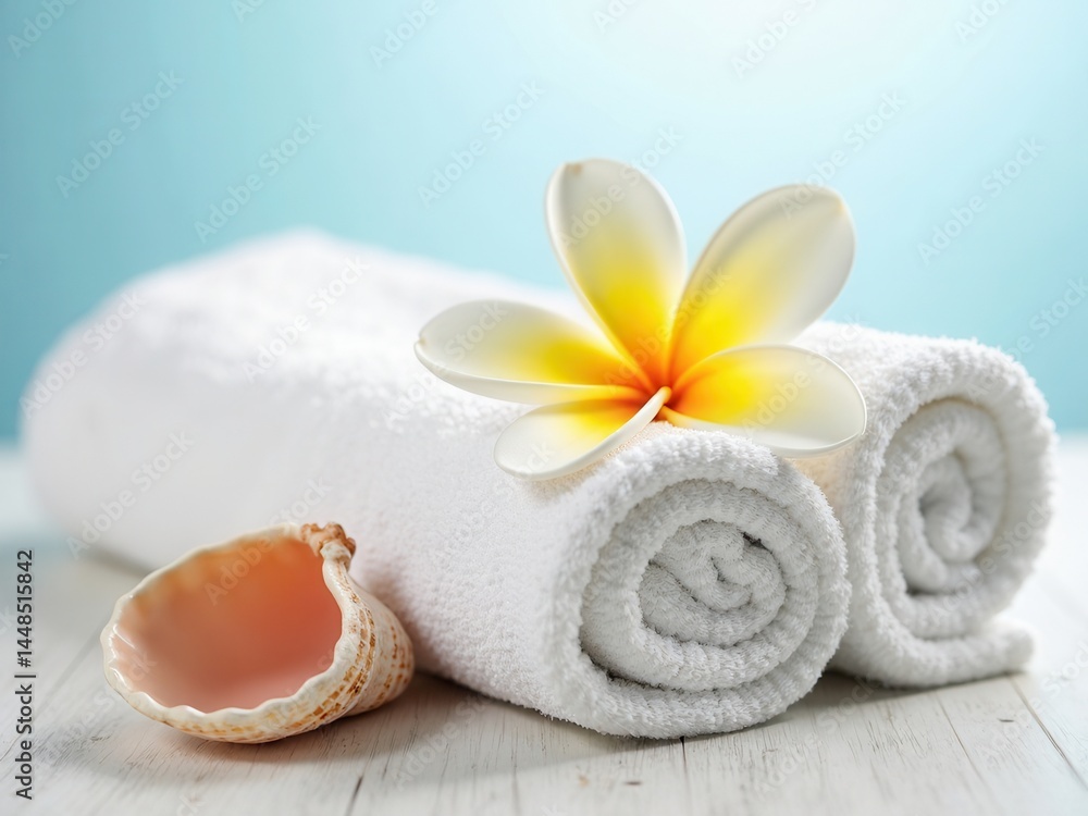 White towel is folded and placed on a table with a shell and a flower. The towel is rolled up and placed on top of another towel