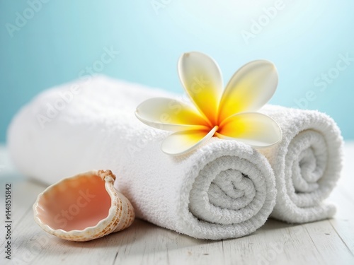 Obraz na płótnie White towel is folded and placed on a table with a shell and a flower. The towel is rolled up and placed on top of another towel w salonie