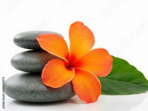 Obraz na płótnie Three large rocks are placed on top of a single orange flower. The flower is surrounded by green leaves. Concept of calm and tranquility, as the rocks w salonie