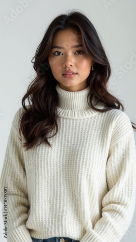 Obraz na płótnie beautiful woman is wearing a white sweater with a long sleeve and a collar. She has long brown hair and is smiling w salonie