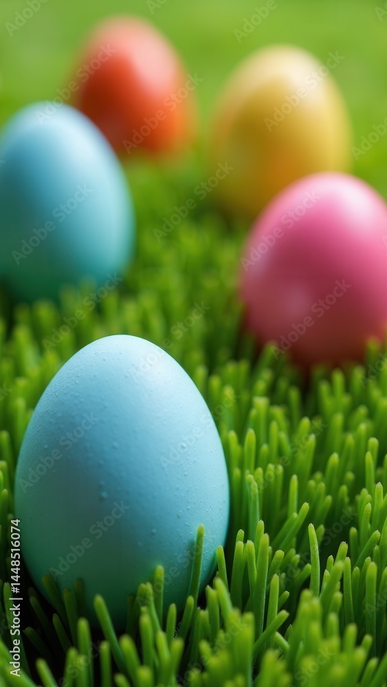 Group of colorful eggs are sitting on a green field. The eggs are of different colors, including blue, pink, yellow, and orange