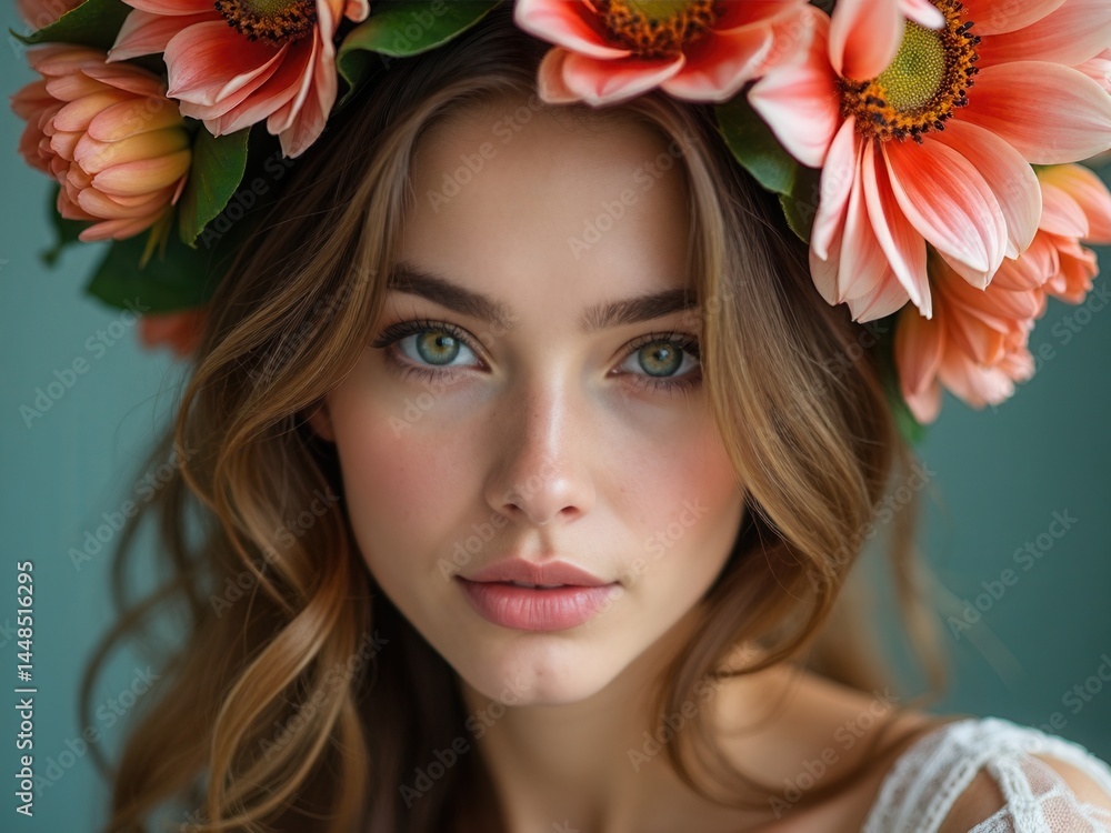 beautiful woman with long brown hair and a pink flower headband. She has a very pretty smile and is looking at the camera