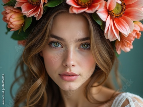 Obraz na płótnie beautiful woman with long brown hair and a pink flower headband. She has a very pretty smile and is looking at the camera w salonie