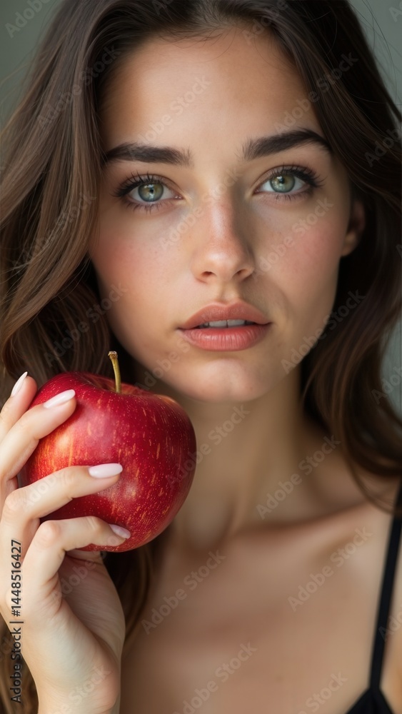 beautiful woman holding a red apple in her hand. The apple is shiny and looks fresh. The beautiful woman has green eyes and a nice smile. Concept of health and wellness
